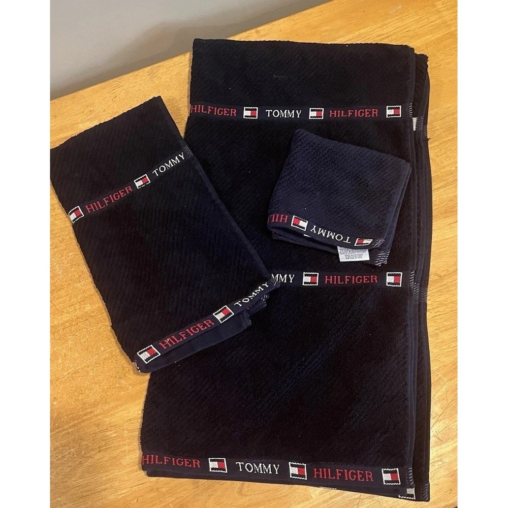 Vintage Tommy Hilfiger Bath Hand Towel Set Blue Flag Logo Stripes Spell Out Wash